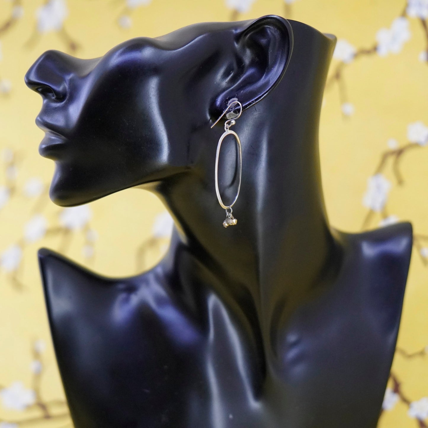 Vintage Sterling silver handmade earrings, 925 double oval dangle w/ gold beads