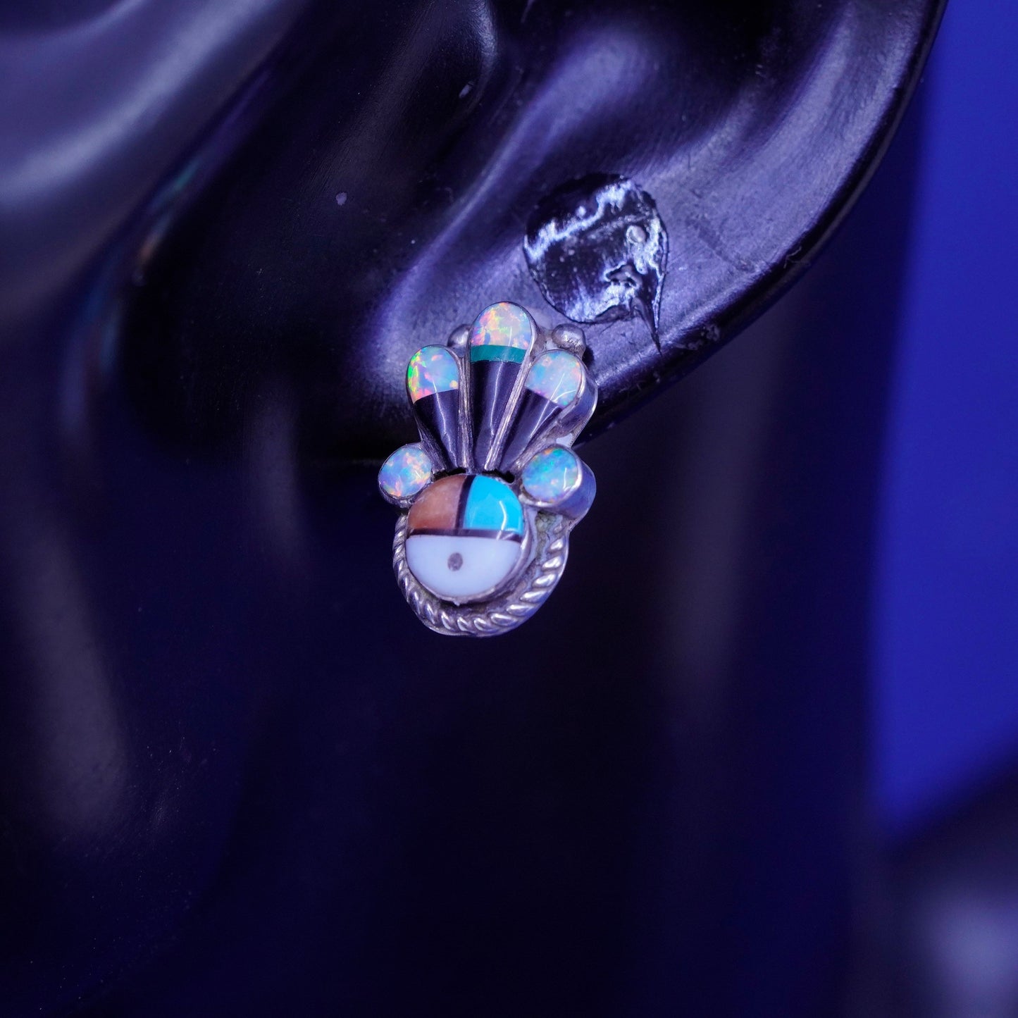 Vintage Native American sterling silver earrings, Zuni 925 studs opal turquoise