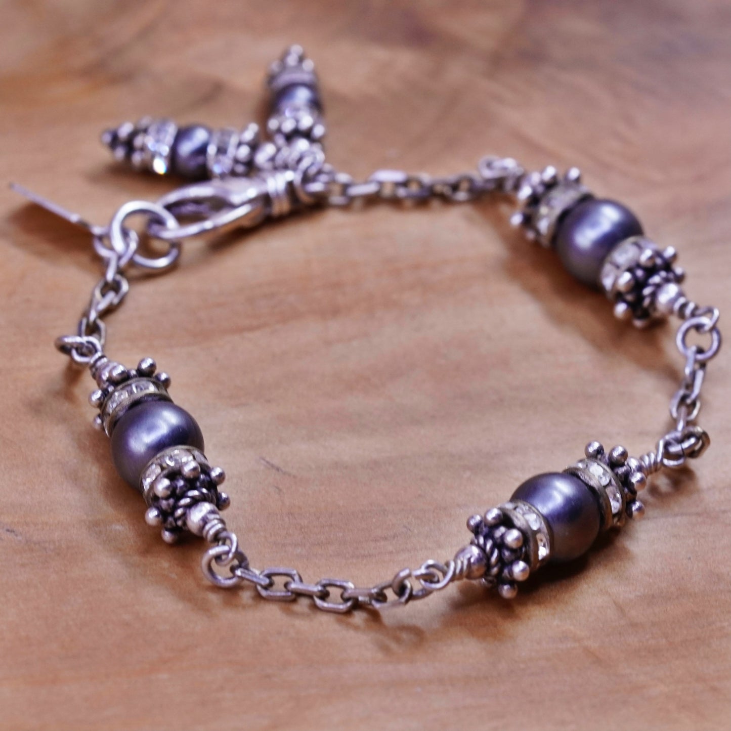 6.75”, Madis Sterling 925 silver beads bracelet with black pearl and crystal