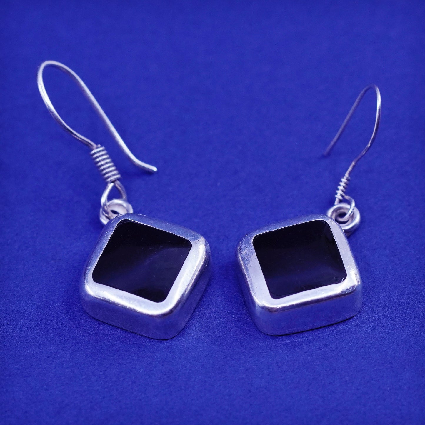 Vintage Sterling silver handmade Square earrings with obsidian