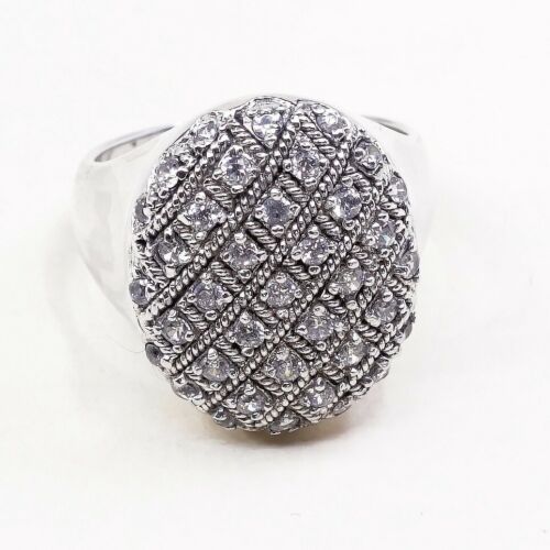 Sz 8.5, Vtg Sterling silver Engagement ring, 925 silver band W/ Cluster Cz