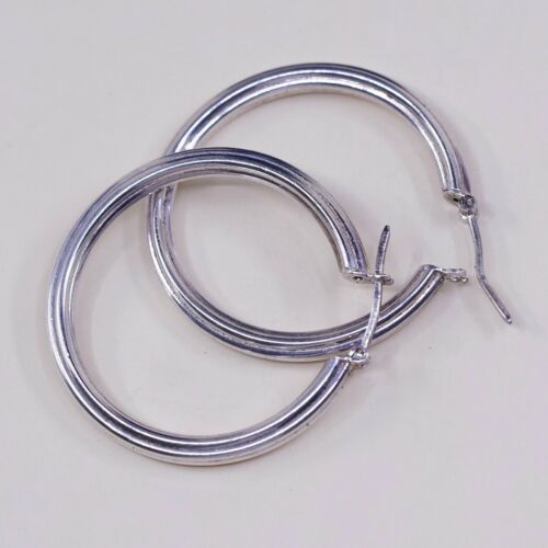 1.25”, Vtg 925 Sterling Silver Handmade Ribbed Huggie Hoop Earrings, Stamped 925