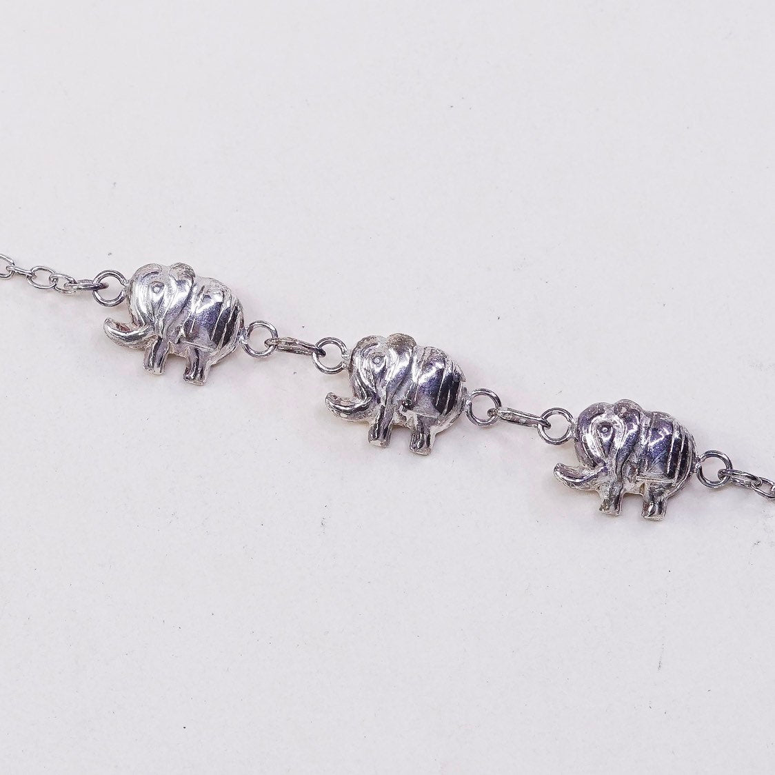 7.25”, VTG Sterling Silver Handmade Bracelet, 925 Elephant link w/ chime