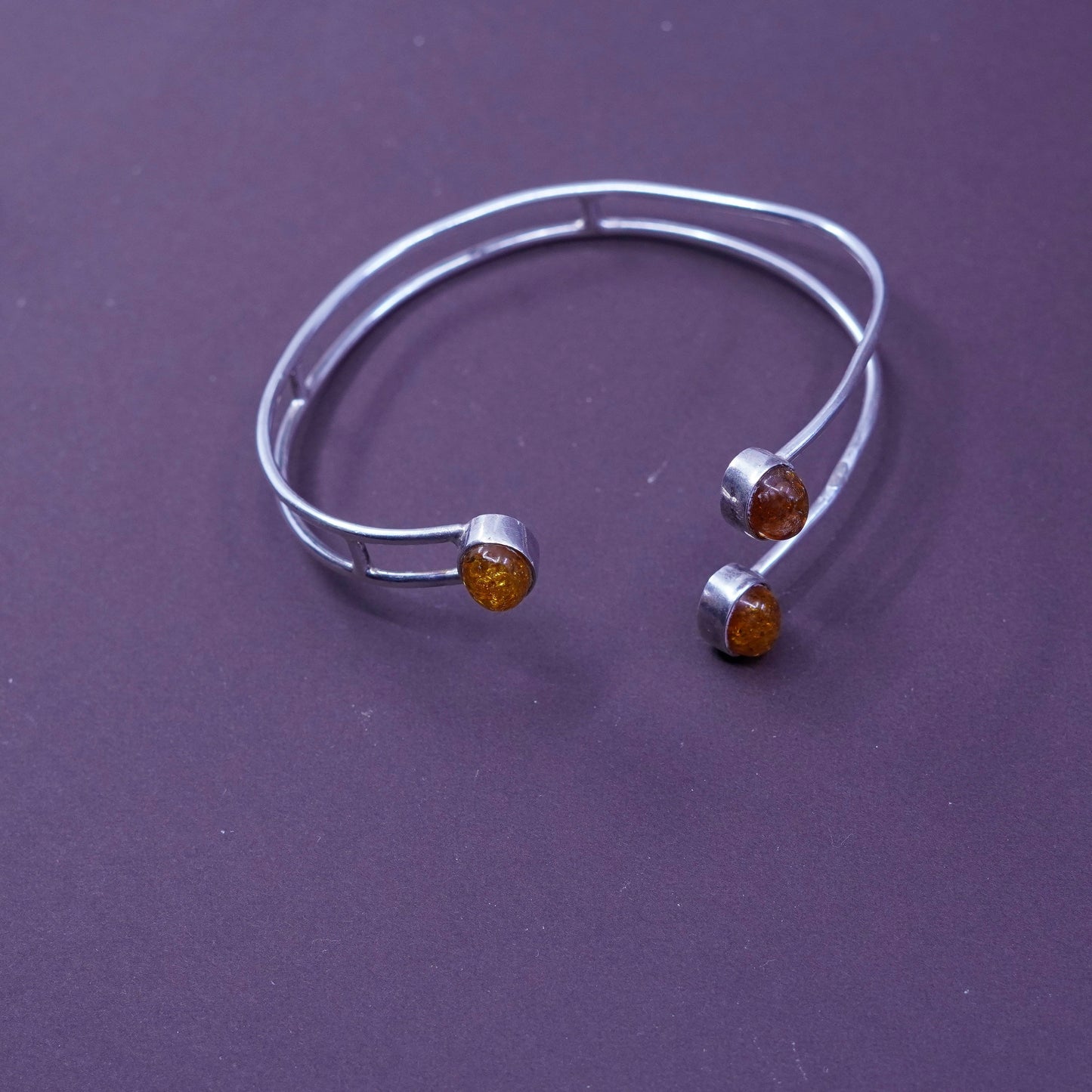 8.5”, Sterling silver handmade bracelet, southwestern Modern 925 cuff w/ Amber
