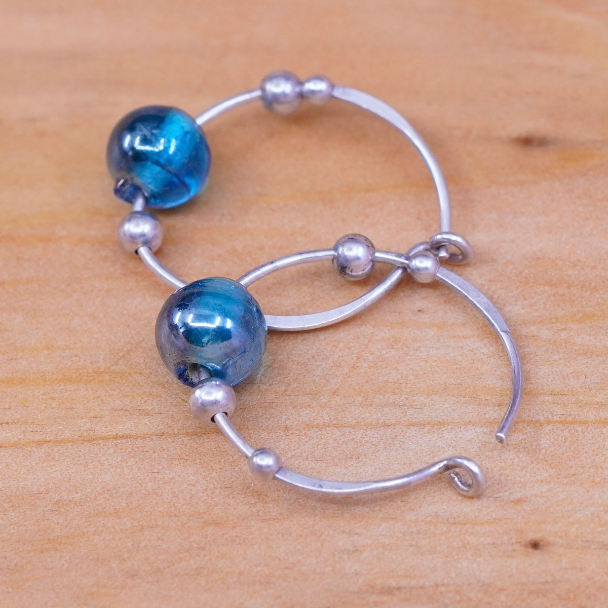 Vintage Sterling silver handmade earrings, 925 hoops with blue glass beads