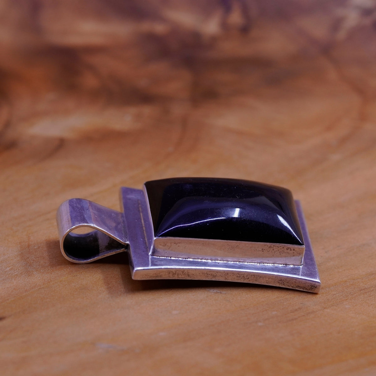 Vintage Sterling silver handmade pendant, Mexico 925 square obsidian, black onyx