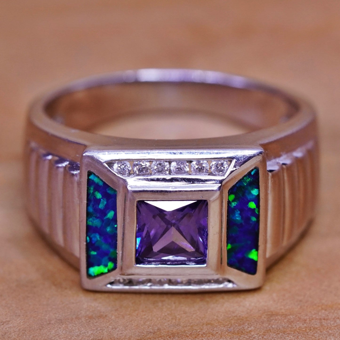 Size 12.25, Sterling silver handmade ring, 925 band with fire opal clear Cz