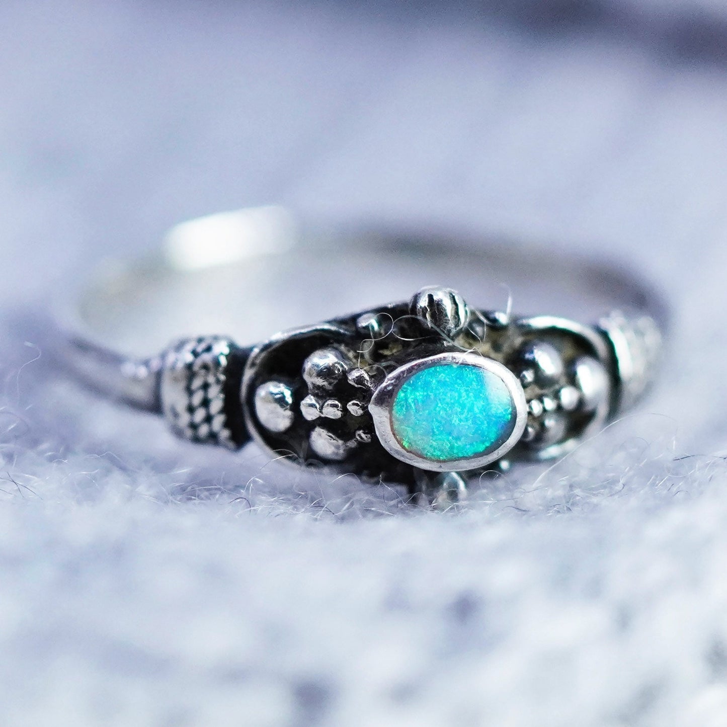 Size 7, vintage Sterling 925 silver handmade ring with opal and beads
