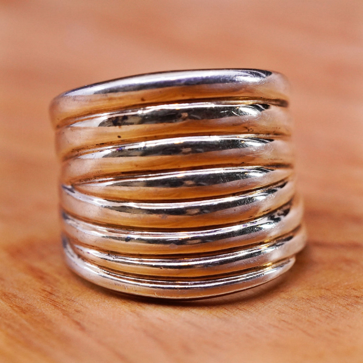 Size 7, Italy vermeil gold over Sterling silver handmade ring, 925 ribbed band