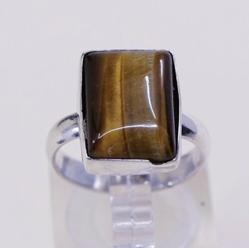 Sz 5.75, Vintage Handmade Sterling Silver Ring W/ Golden Tiger Eye, Stamped 925
