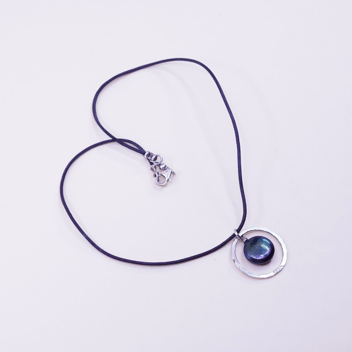 16”, sterling silver handmade necklace, 925 circle pearl pendant leather thread