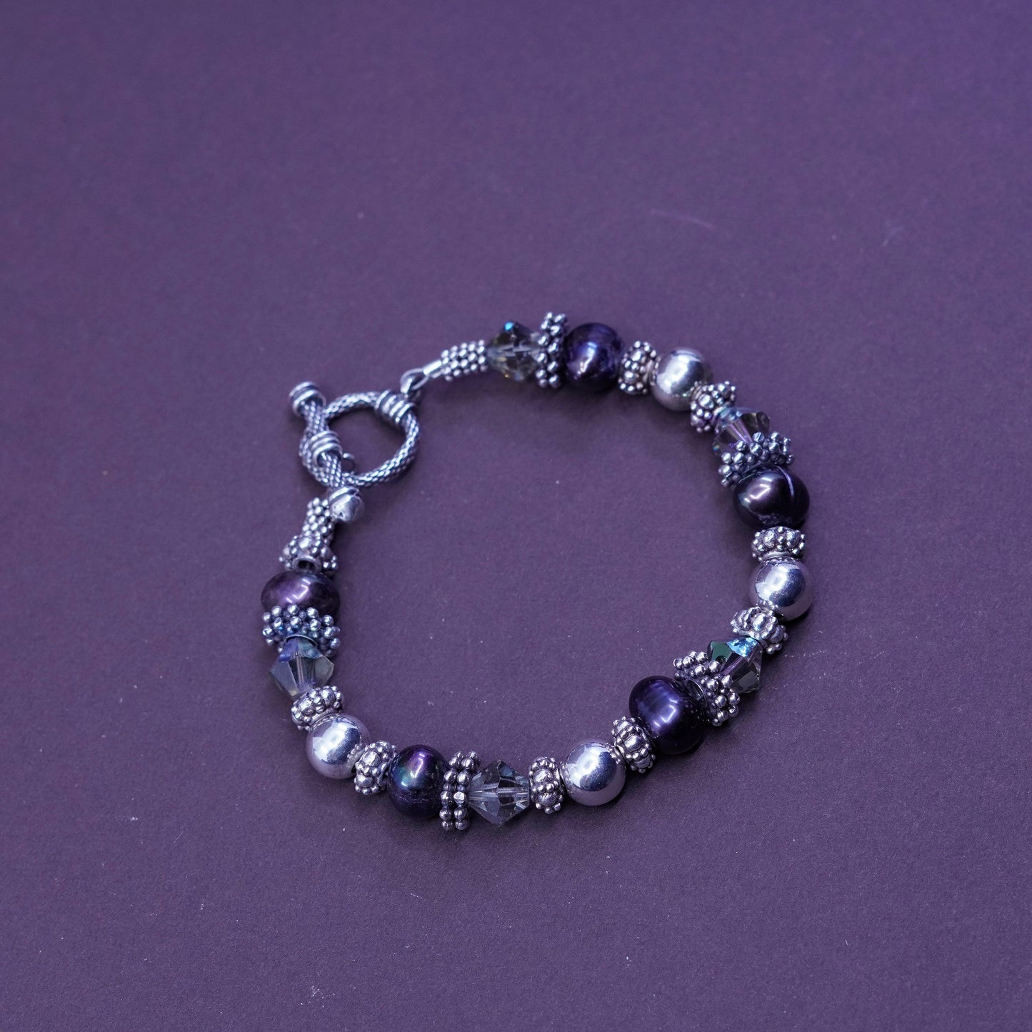6.75”, Sterling 925 silver handmade beads bracelet with black pearl and crystal