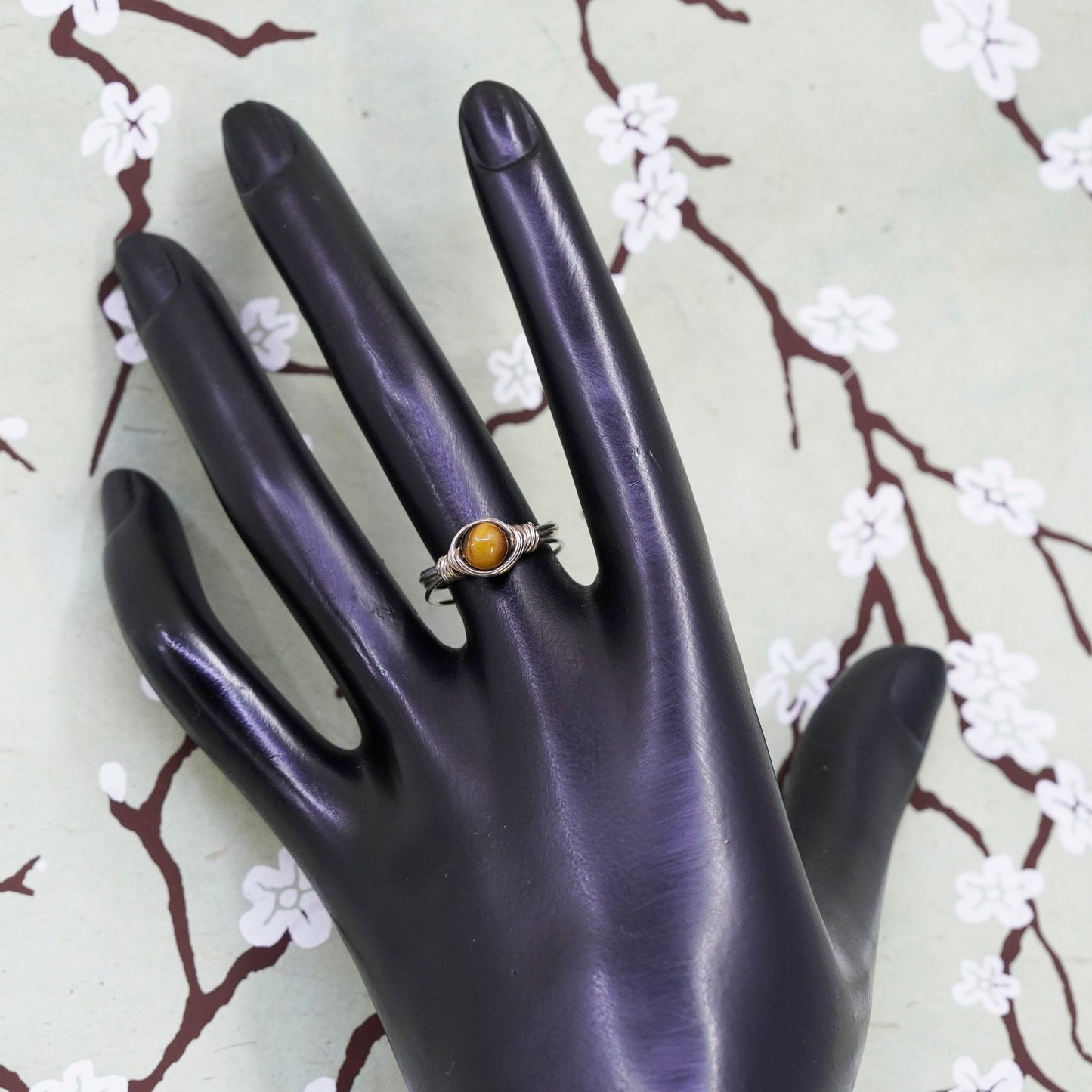 Size 6.5, vintage sterling 925 silver handmade wired ring with tiger eye bead