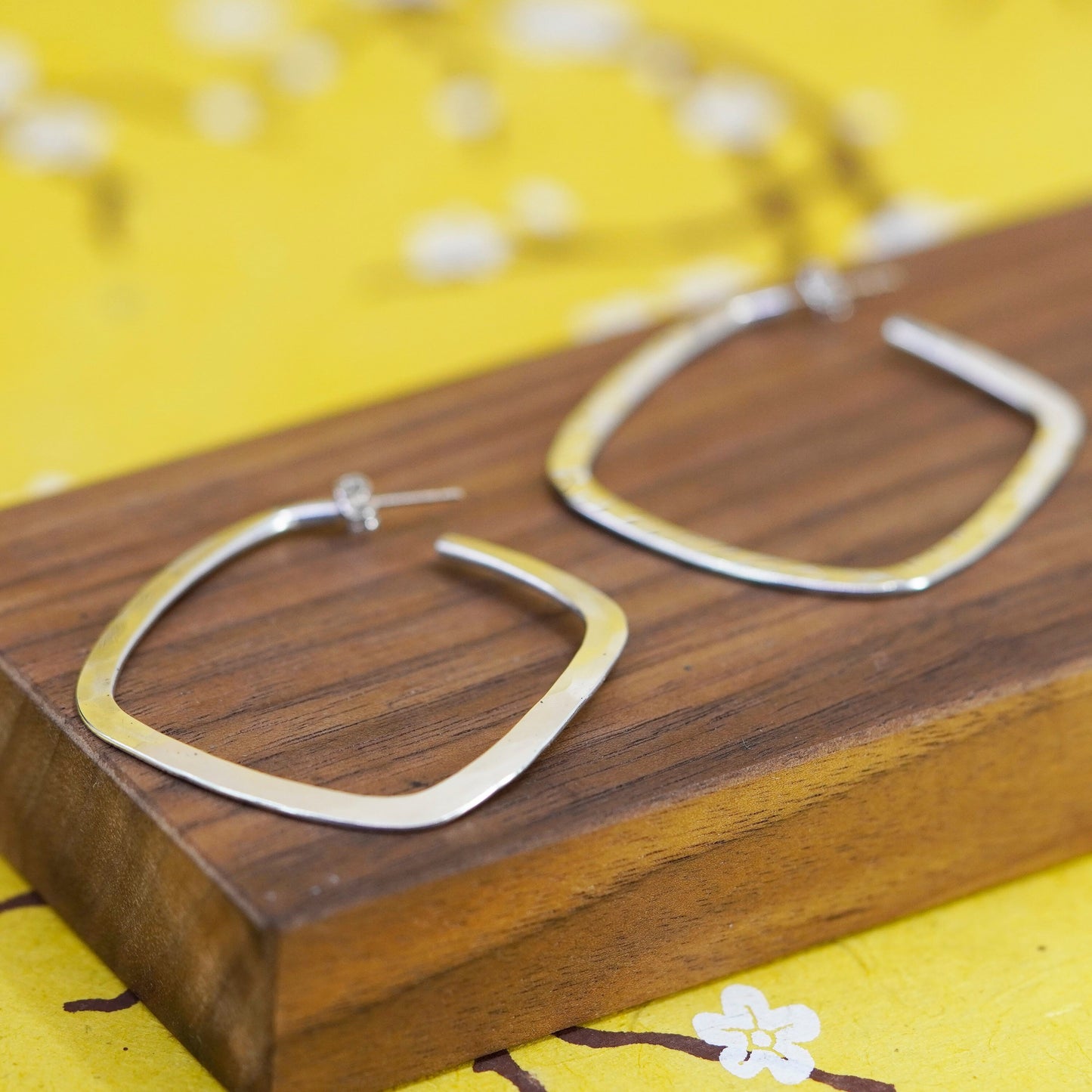 1.5”, 925 sterling silver earrings, hammered square hoops 14K yellow gold posts