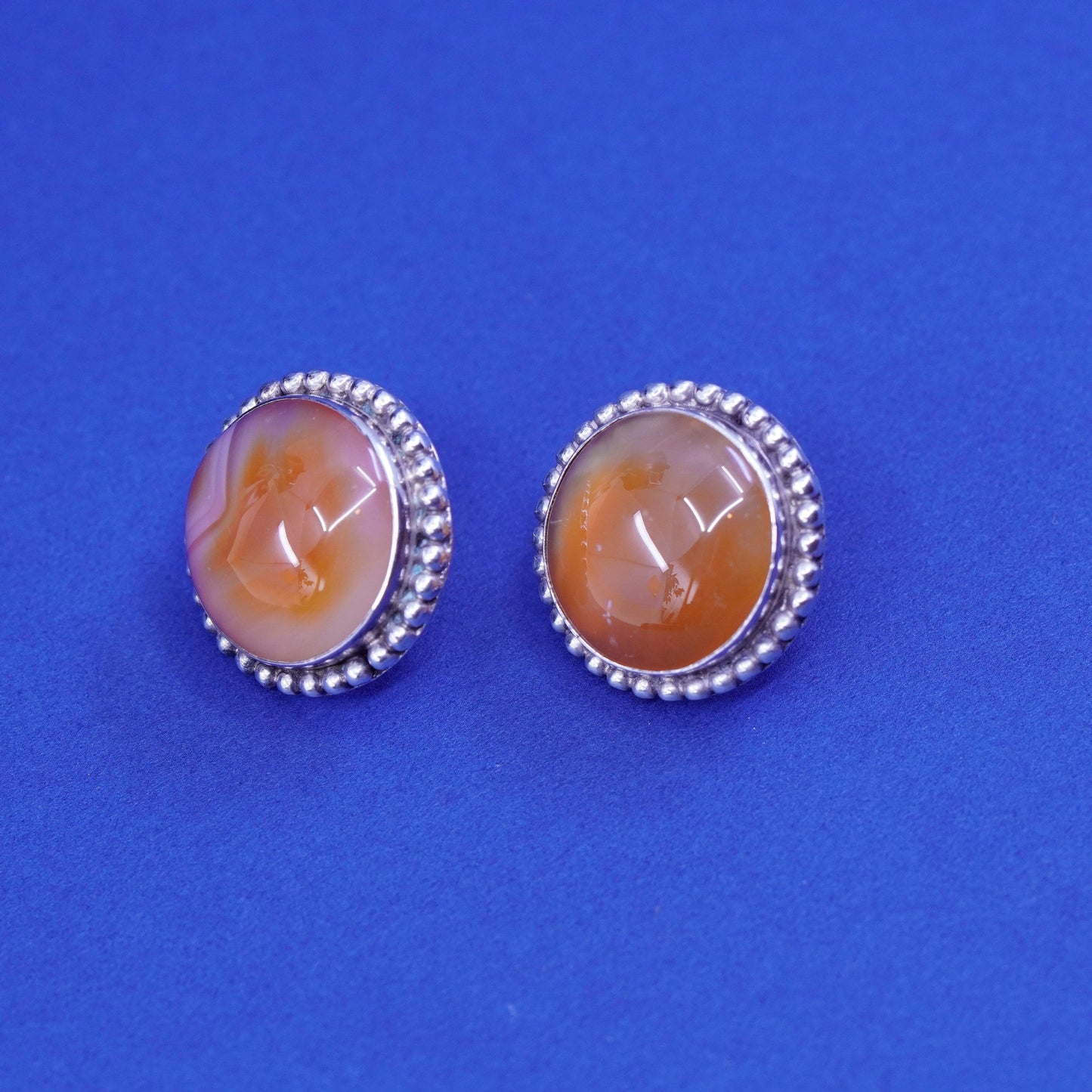 Vintage sterling 925 silver handmade round studs earrings orange agate beads