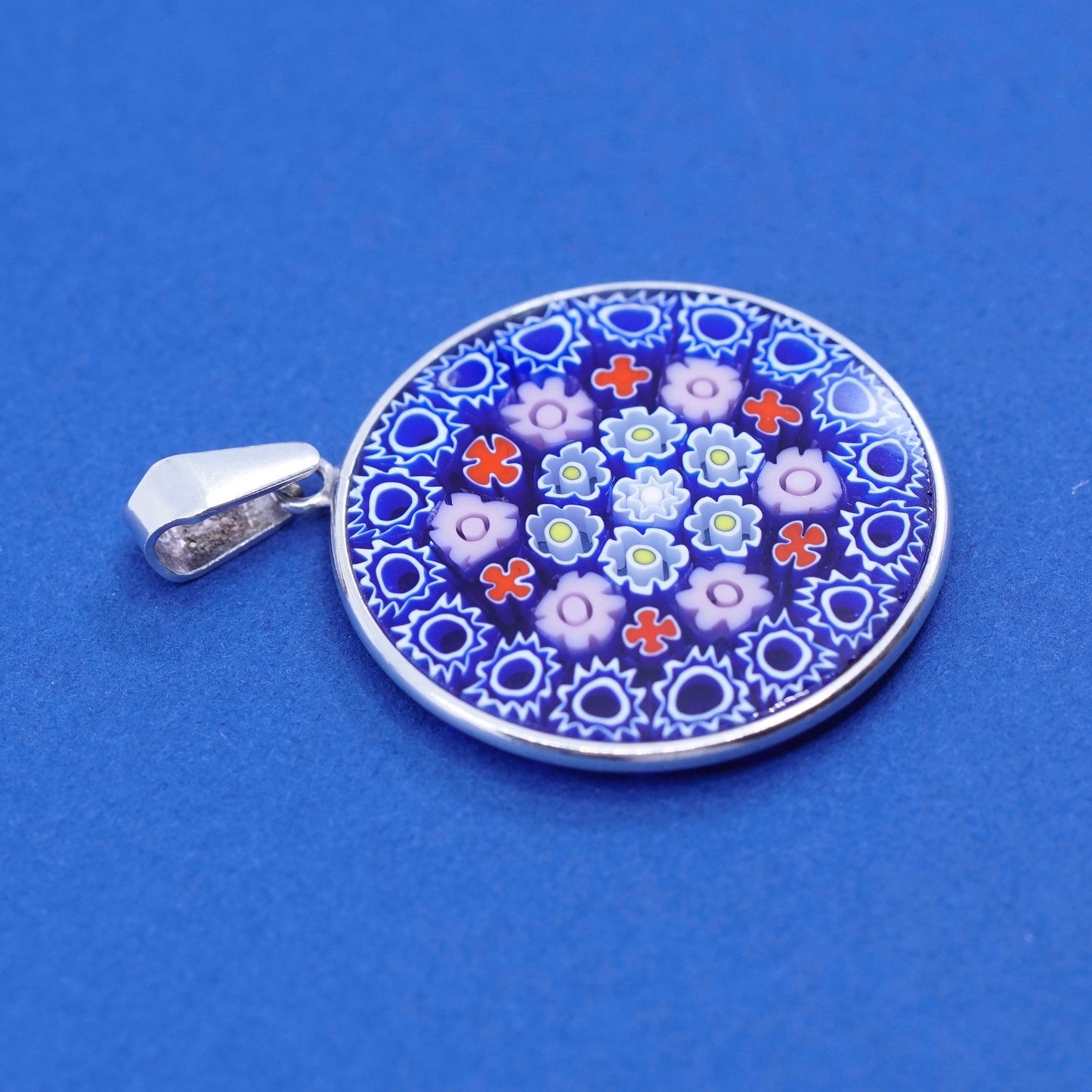 vtg handmade sterling silver tag pendant, 925 w/ multiciori murano glass