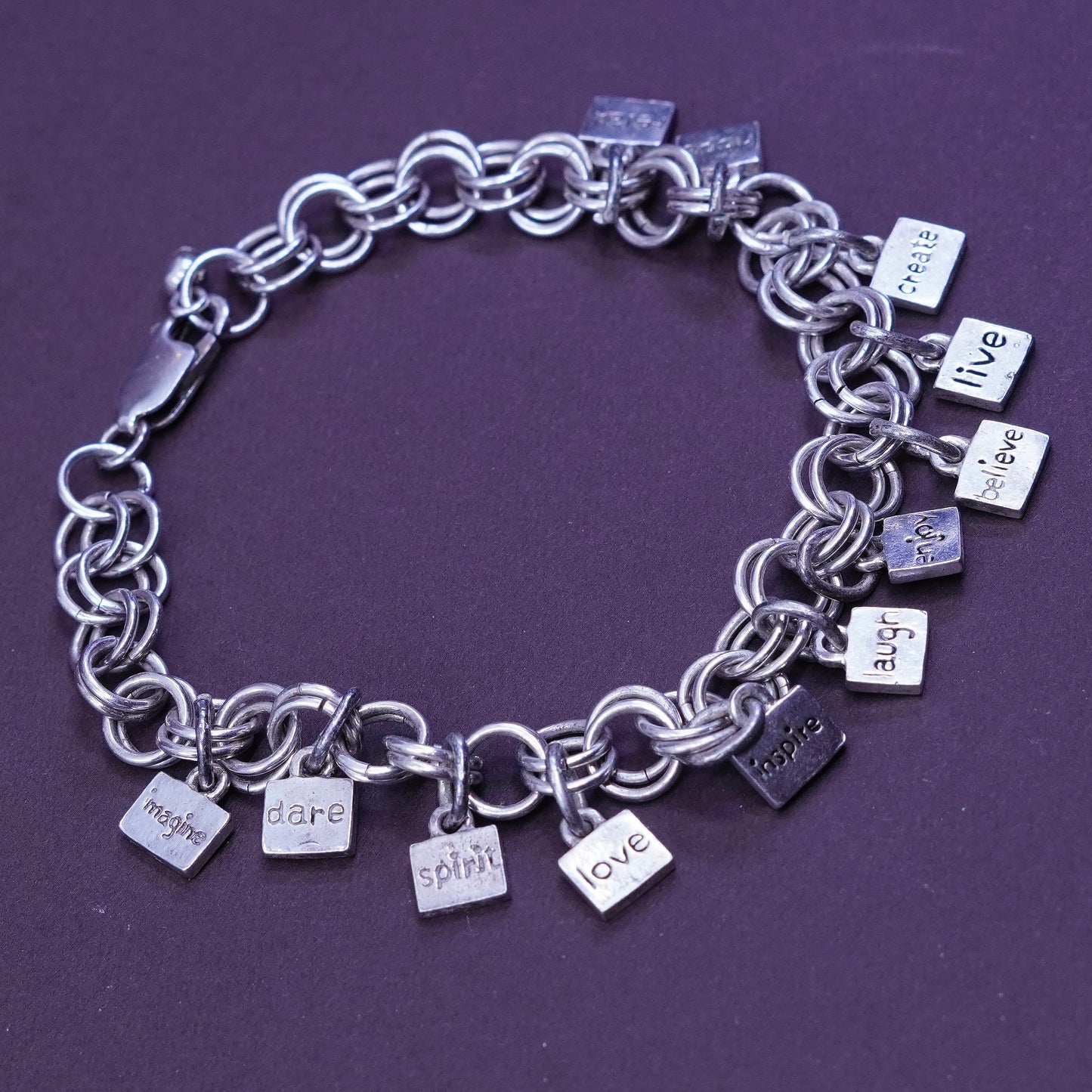 7.25”, vintage Sterling silver handmade charm bracelet, 925 double circle chain