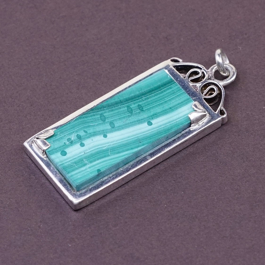 vtg mexico Sterling silver handmade pendant w/ rectangular malachite