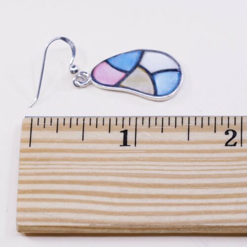 STERLING 925 SILVER Handmade Earrings W/ Blue N Pink Bean MOTHER OF PEARL