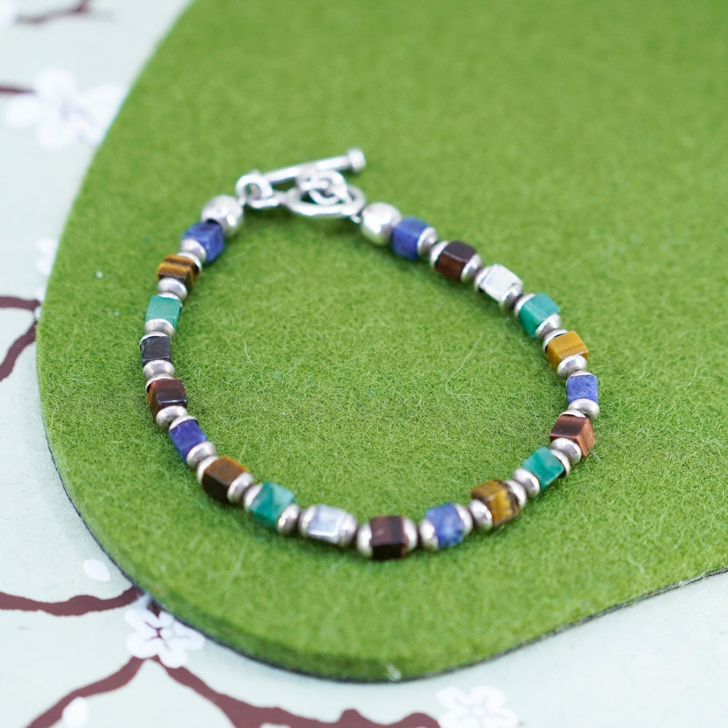 7”, sterling 925 silver bracelet, colorful tiger eye jade sodalite onyx beads