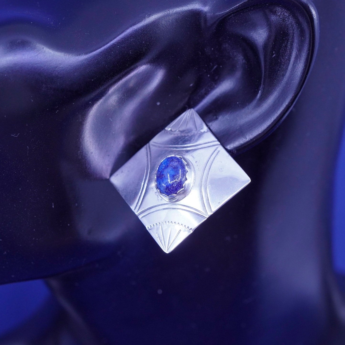 Vintage sterling silver handmade earrings, 925 square studs with lapis lazuli