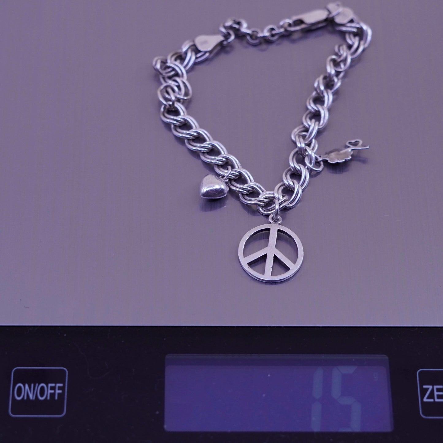 7+1”, sterling 925 silver double curb bracelet CND peace heart flower charms