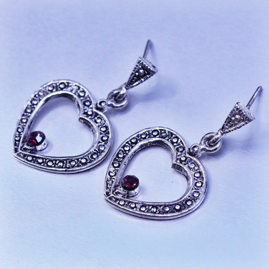Vintage Sterling 925 silver heart earrings with ruby and Marcasite