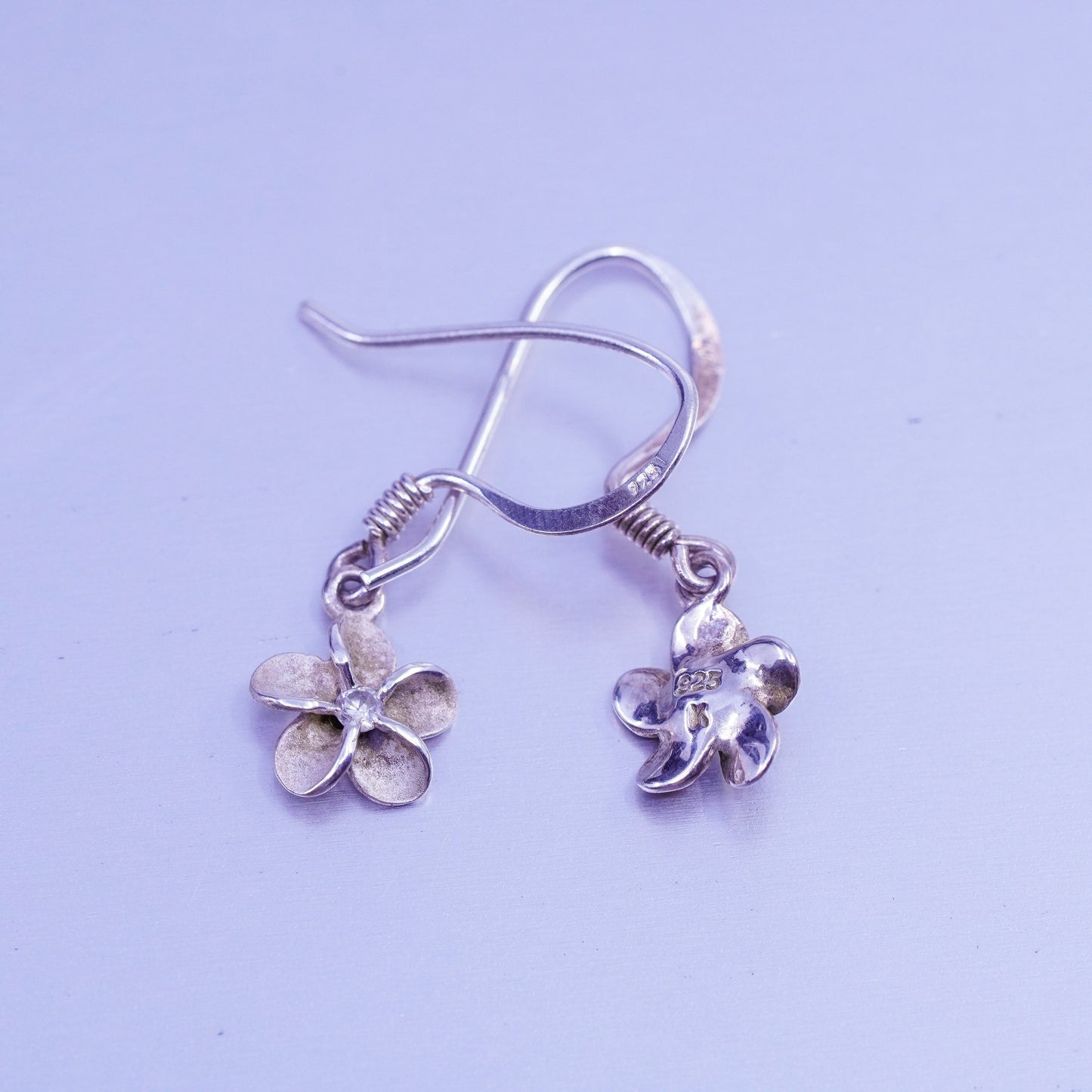 Vintage Sterling 925 silver handmade plumeria flower earrings with cz