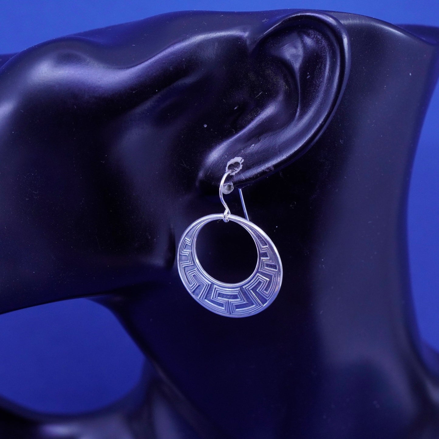 Sterling Silver handmade Earrings. 925 hammered circle dangles with Greek key