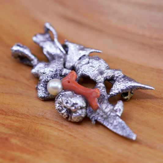 Vintage jewelry handmade Sterling silver 925 abstract brooch with coral pearl