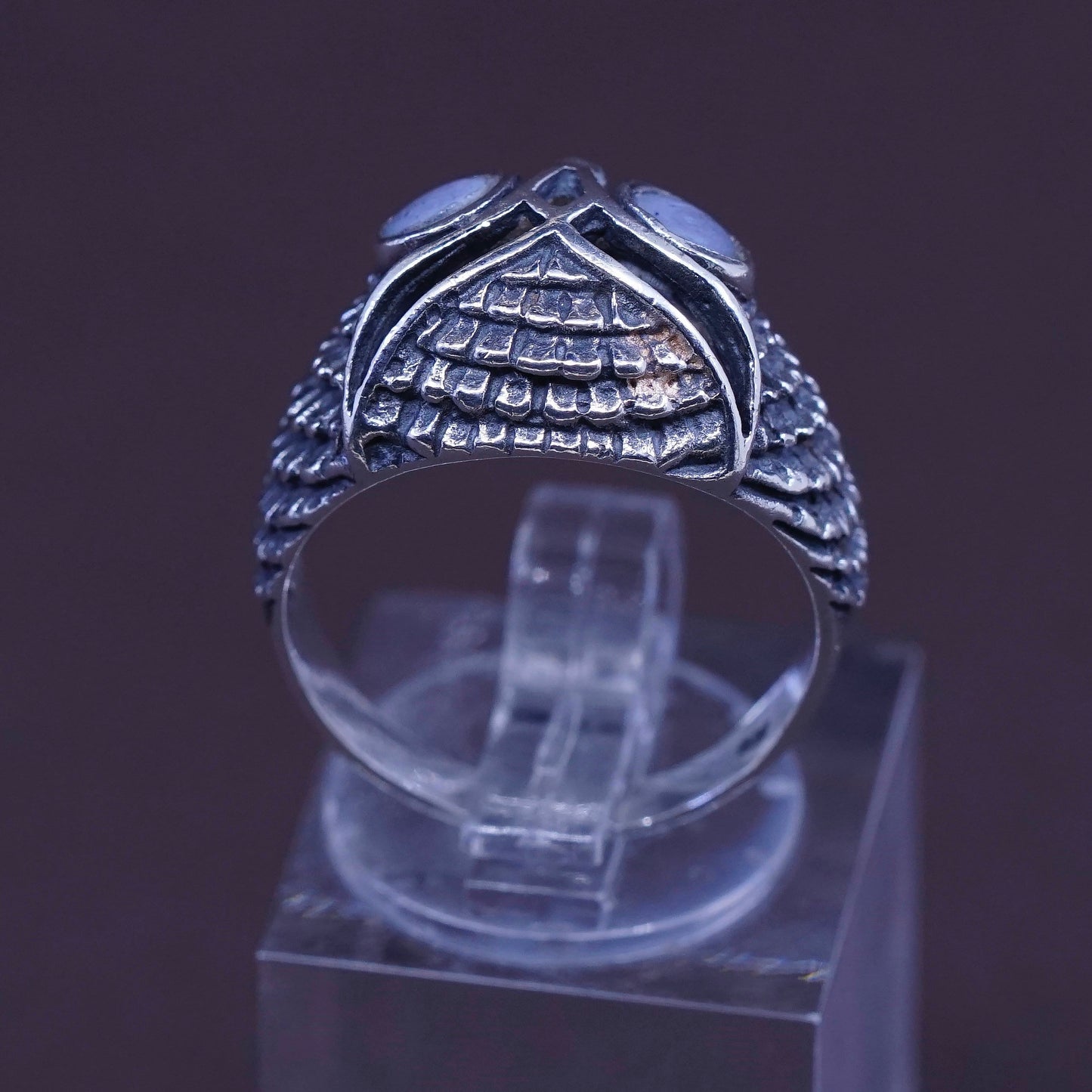 Size 7, vtg Sterling 925 silver handmade statement owl band ring with lapis