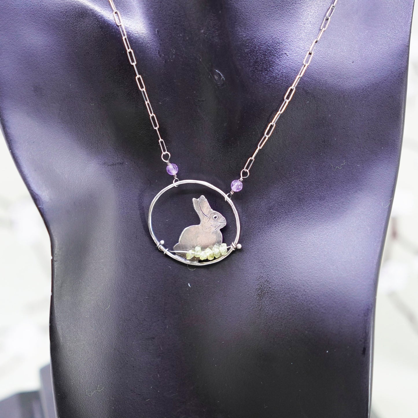 17” Sterling 925 silver necklace, elongated chain bunny rabbit pendant amethyst