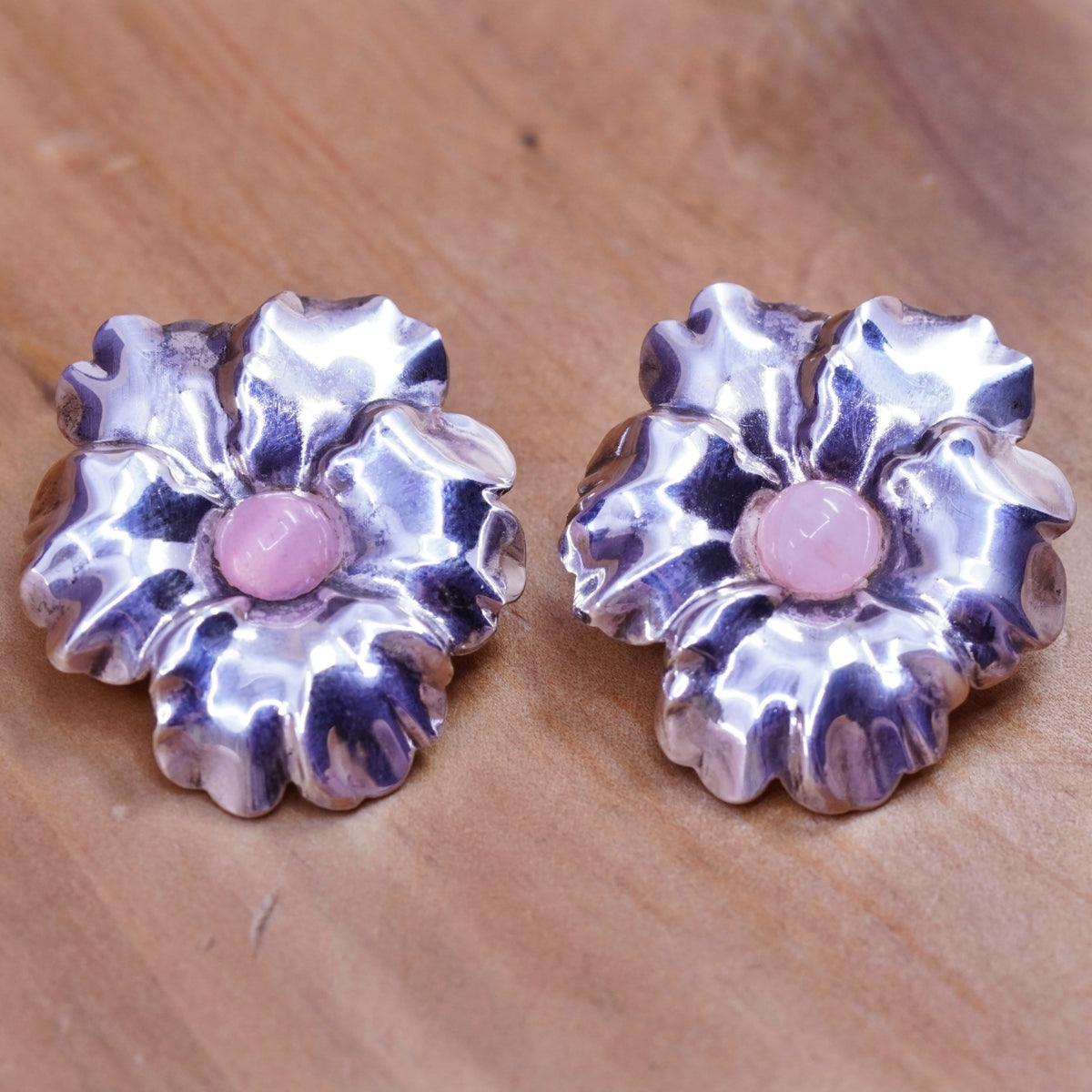 Vintage Sterling silver handmade earrings, 925 flower studs with pink quartz