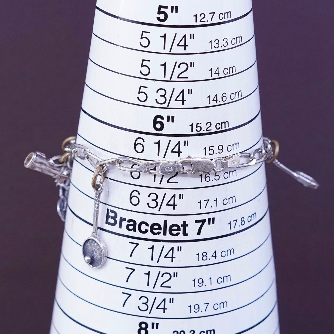 6.5”, Sterling silver handmade bracelet, 925 curb chain w/ tennis racket charm