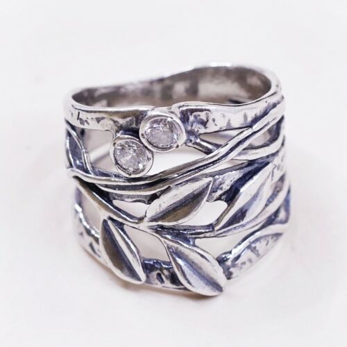 Sz 7, Vtg Israel Sterling Silver Handmade Ring, 925 Leaves Band W Cz