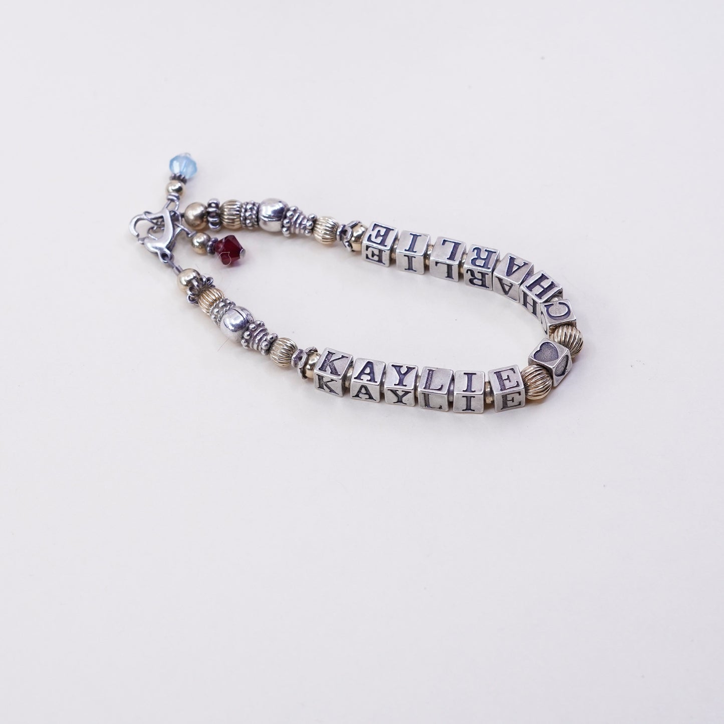 6.75”, 14K gold beads with Sterling 925 Silver bracelet “Kaylie heart Charlie”