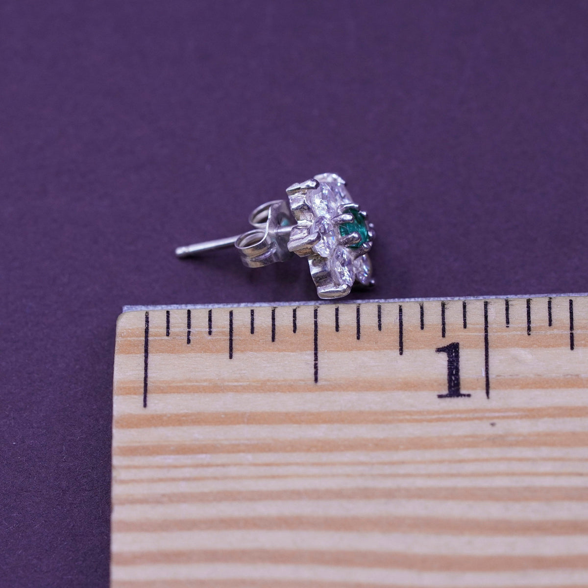 Vintage Vermeil Sterling silver clear flower studs earrings with cz and emerald