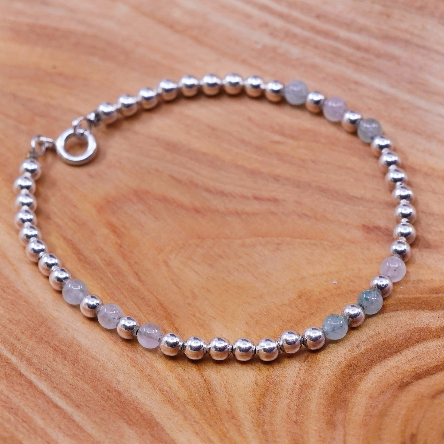 7.5”, Vintage Sterling silver handmade bracelet, 925 beads with jade