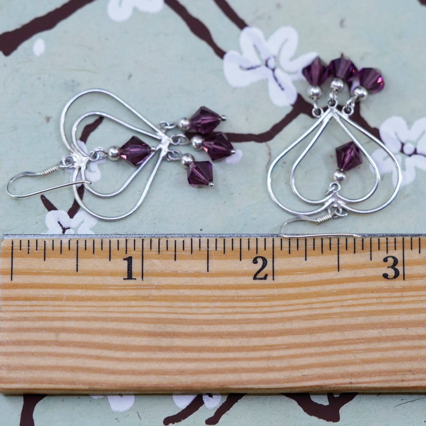 Vintage sterling silver handmade earrings, 925 heart with purple crystal