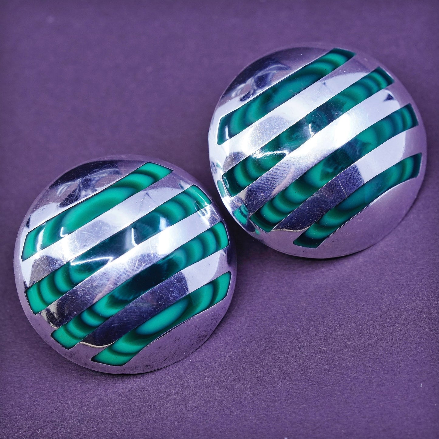 mexico Sterling silver earrings, studs, huge 925 round studs w/ green malachite