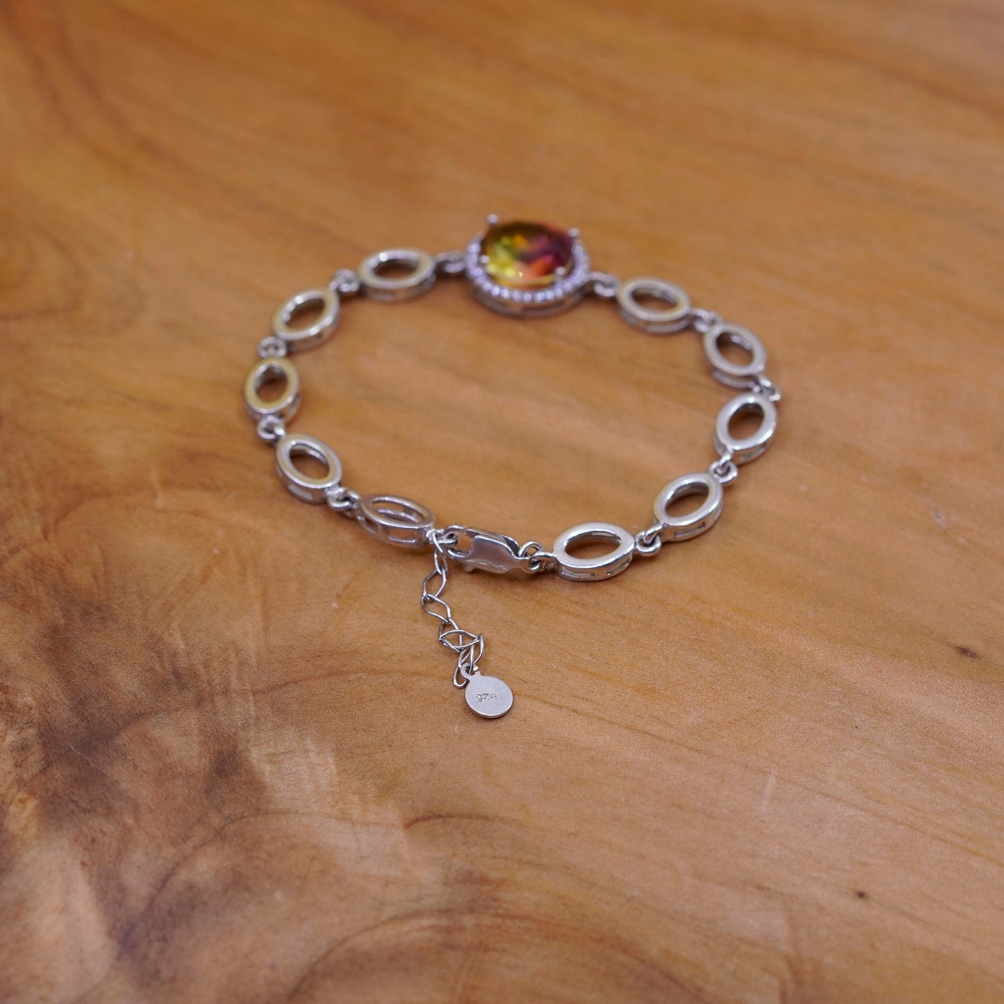 5.75+1”, vintage Sterling silver handmade bracelet, 925 oval chain fluorite cz