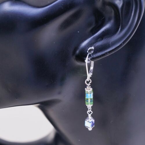Vtg STERLING 925 SILVER Handmade earrings with Green Crystal dangles