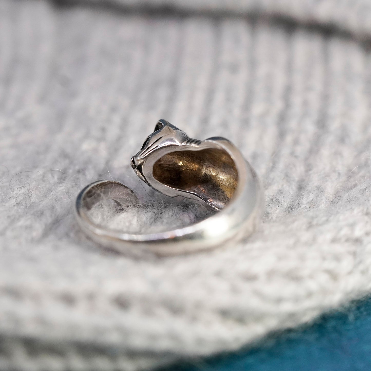 Size adjustable, Vintage Sterling Silver Handmade ring, 925 cat kitty wrap band