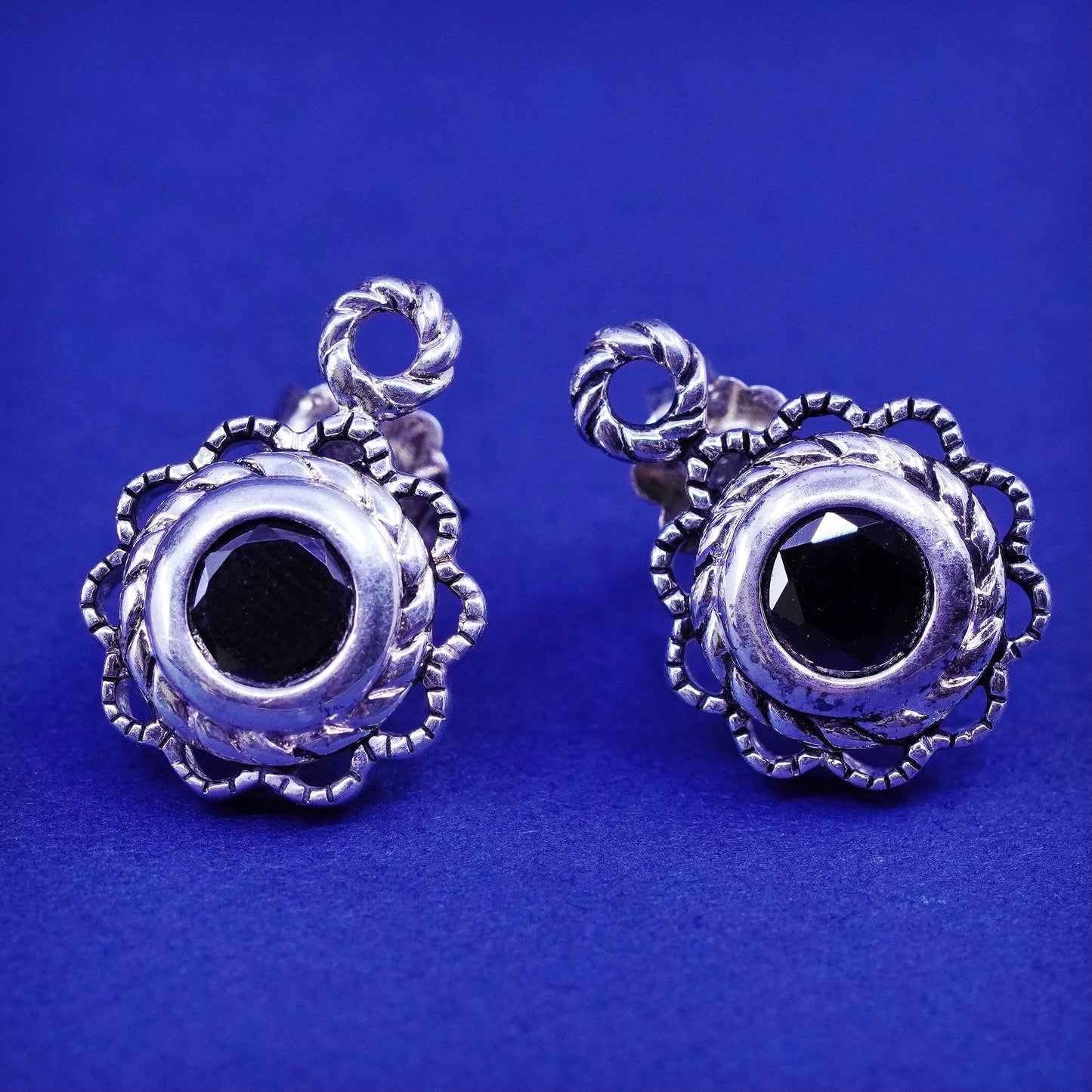 Vintage sterling silver handmade earrings, 925 studs with obsidian and cable