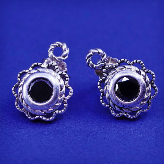 Vintage sterling silver handmade earrings, 925 studs with obsidian and cable