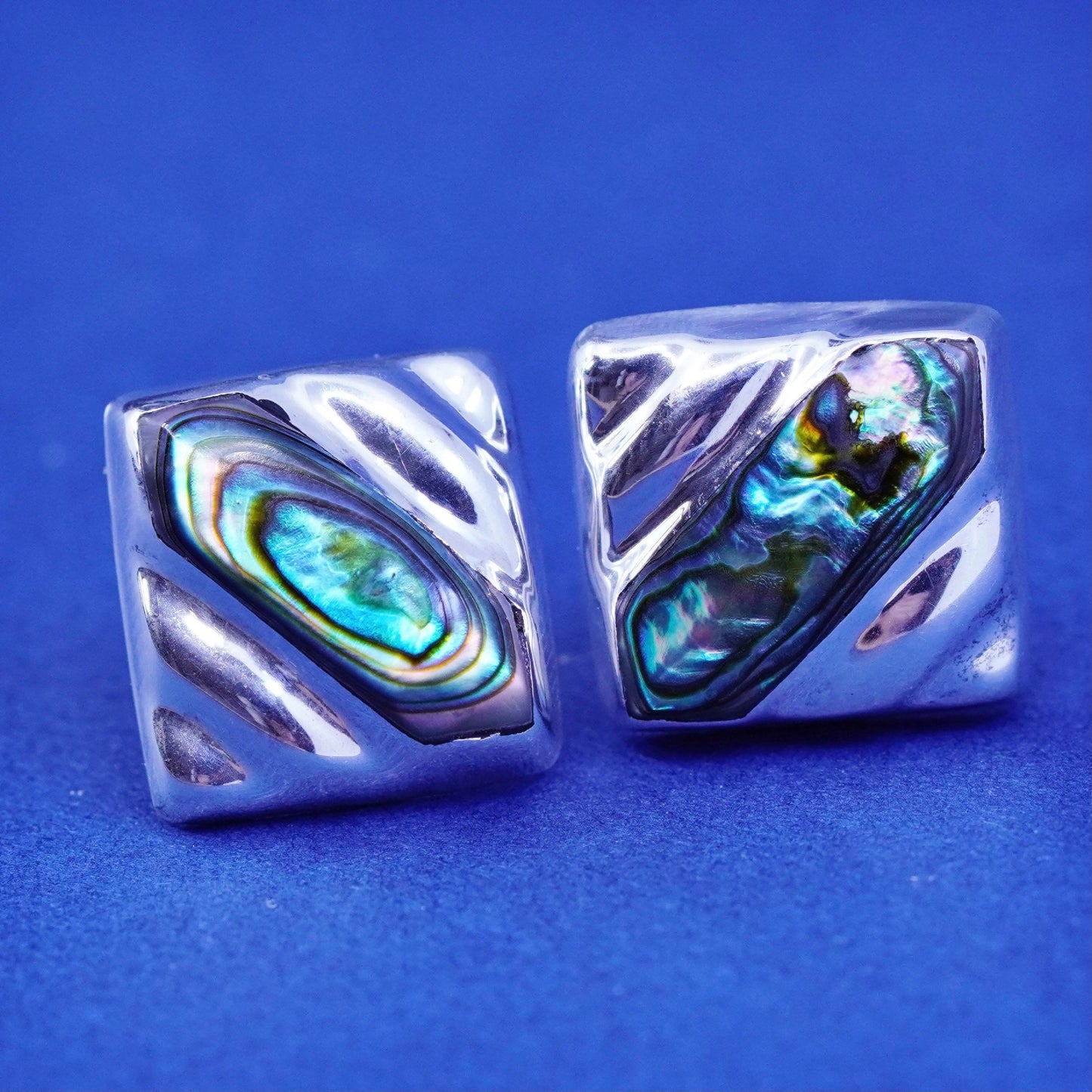 Southwestern Sterling 925 silver handmade ribbed square studs earrings abalone