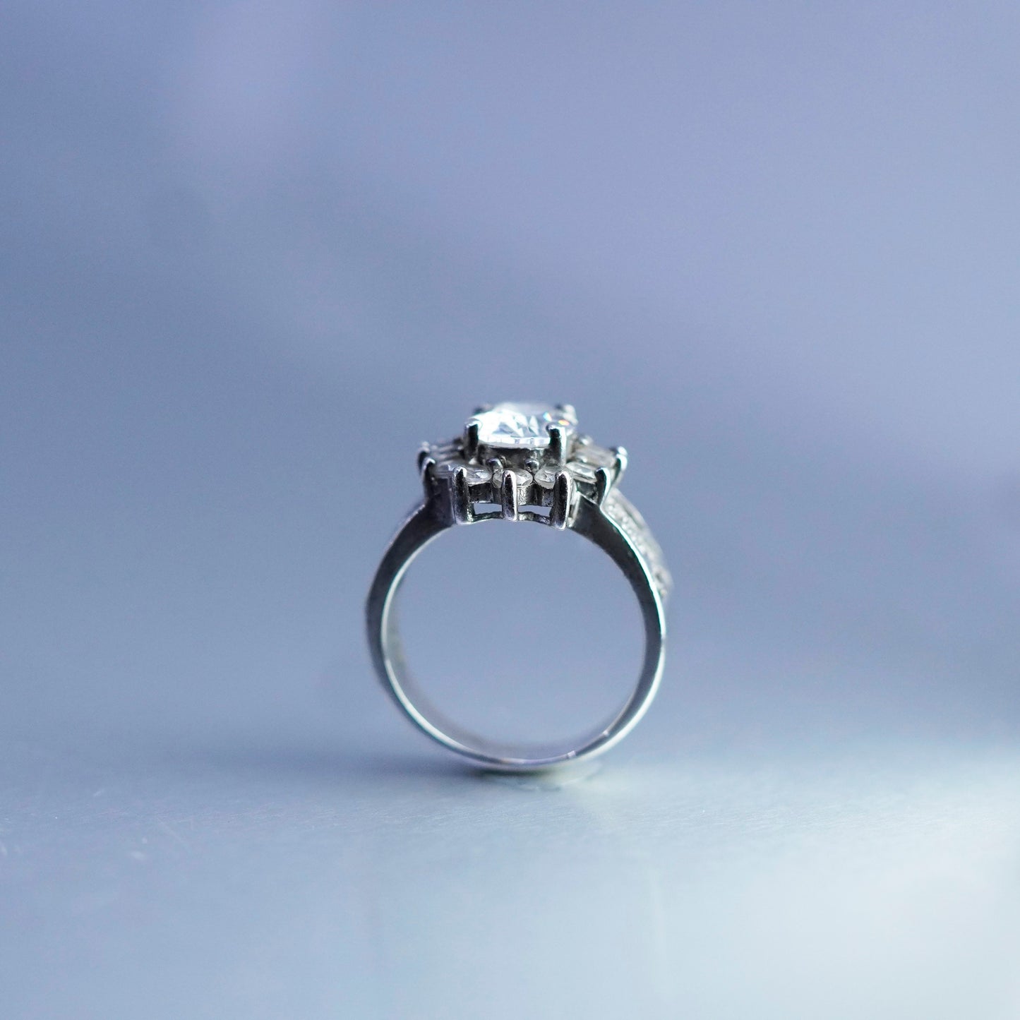 Size 6, vintage Sterling 925 silver handmade engagement ring with cluster Cz