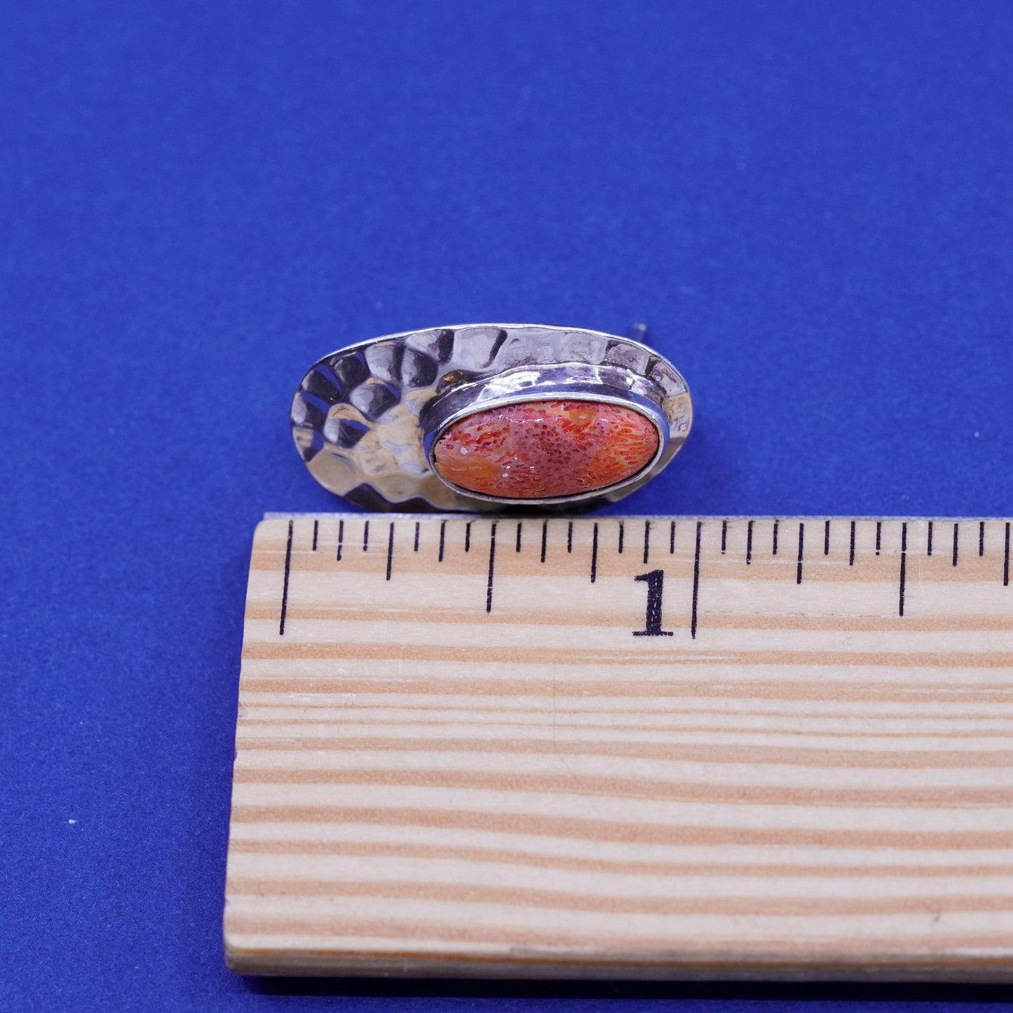 Native American Sterling silver earrings, 925 oval hammered studs with coral