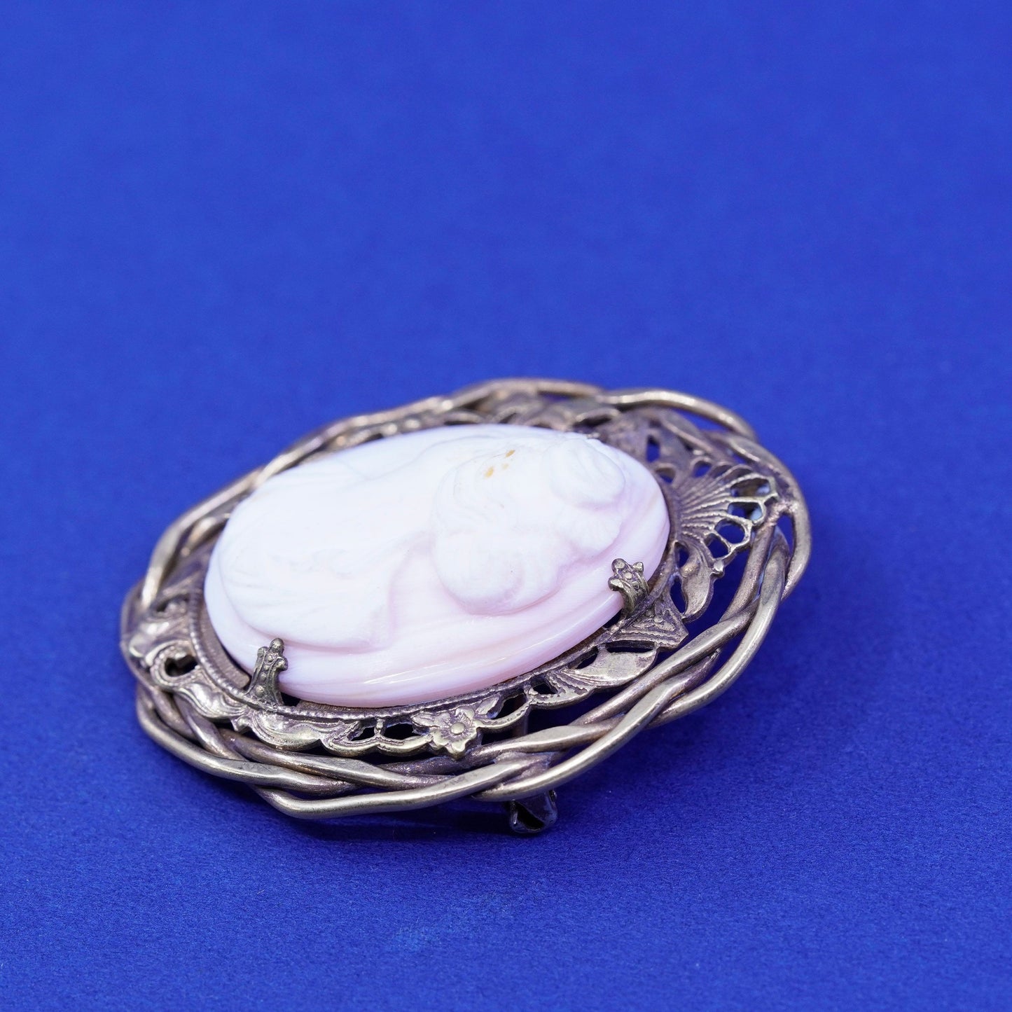 vintage handmade brass filigree brooch with cameo agate woman Portrait