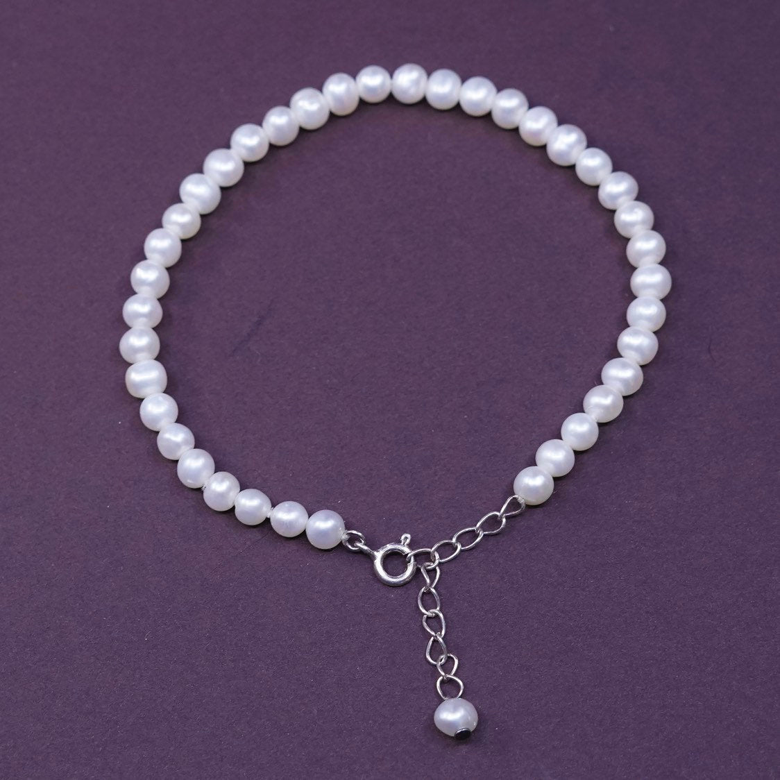 7.25”, vtg Sterling silver handmade bracelet, pearl beads chain w/ 925 clasp